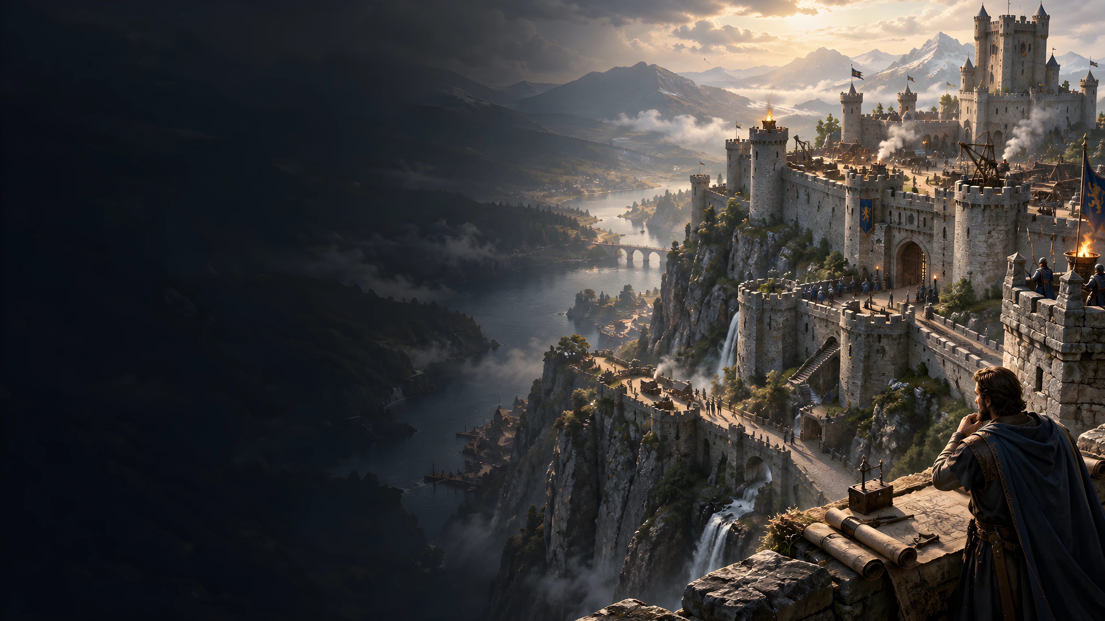 Fantasy illustration of a castle overlooking a mountain river