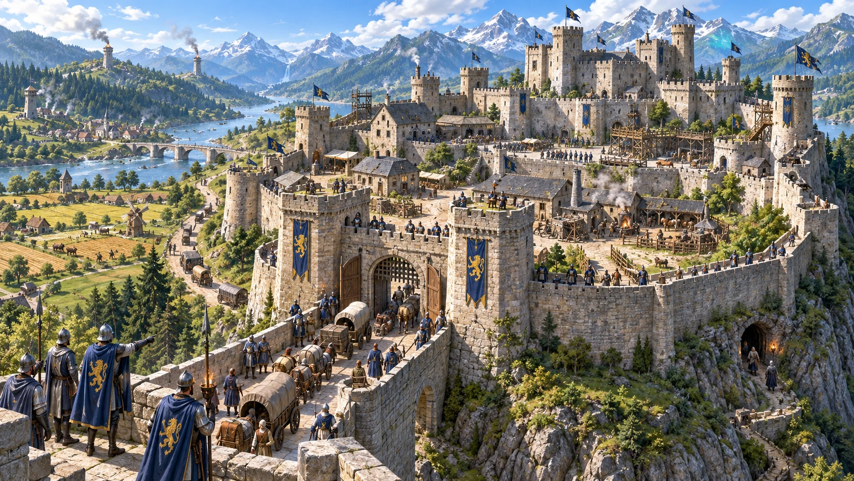 Fantasy illustration of a working stronghold with guards and supply wagons